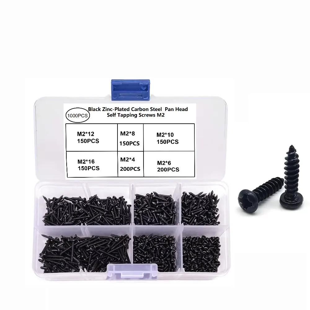 500/1000pcs black Small Screws, Including M2/M2.6  Self-Tapping Screws in Sizes 4mm, 6mm, 8mm, 10mm,12mm,16mmAnd 20m