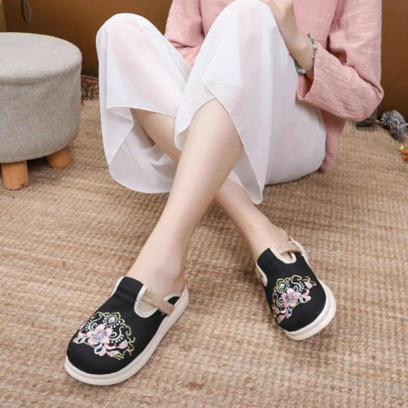 Женские летние тапочки с широким круглым носком и вышивкой, дышащие сабо в стиле ретро, уличная танцевальная модельная обувь, льняная обувь из конопли для отдыха