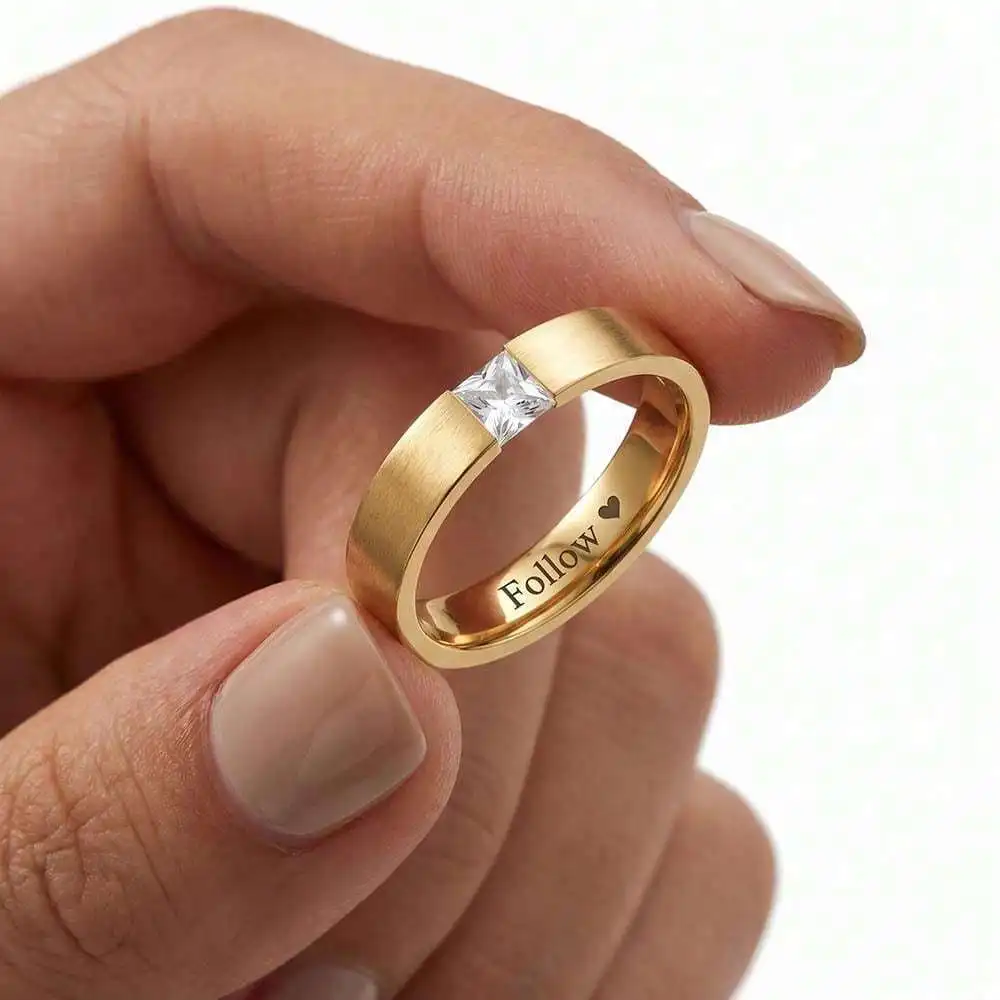 1pcs Customized Simple T-shaped Matte Surface With Diamond Stainless Steel Trendy Ring Ring Neutral Cold Style Hand Jewelry