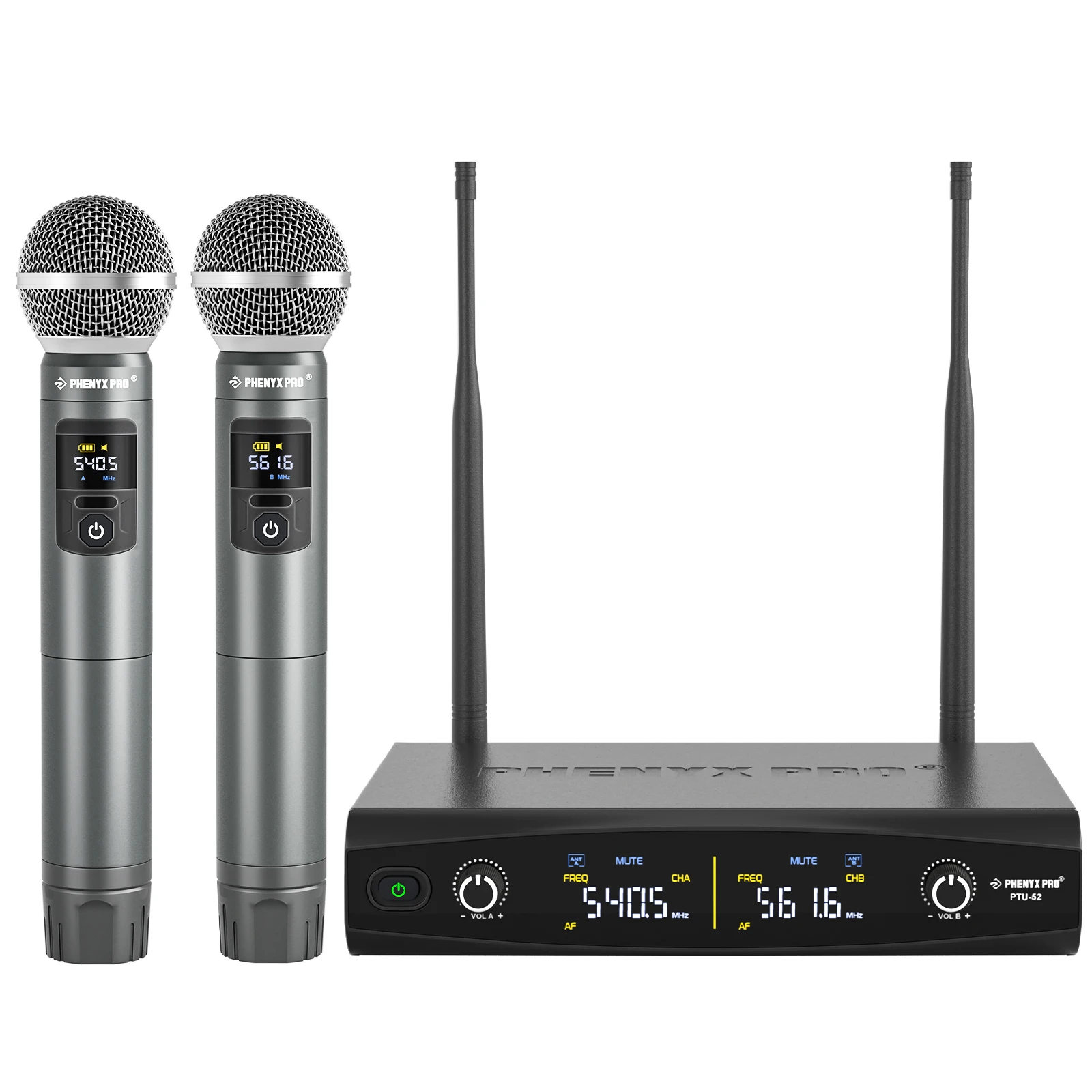 Phenyx Pro UHF Profissional Microfone Sem Fio Duplo Performance de Palco Karaokê Sistema Doméstico 200ft/60m 30 Frequências PTU-52