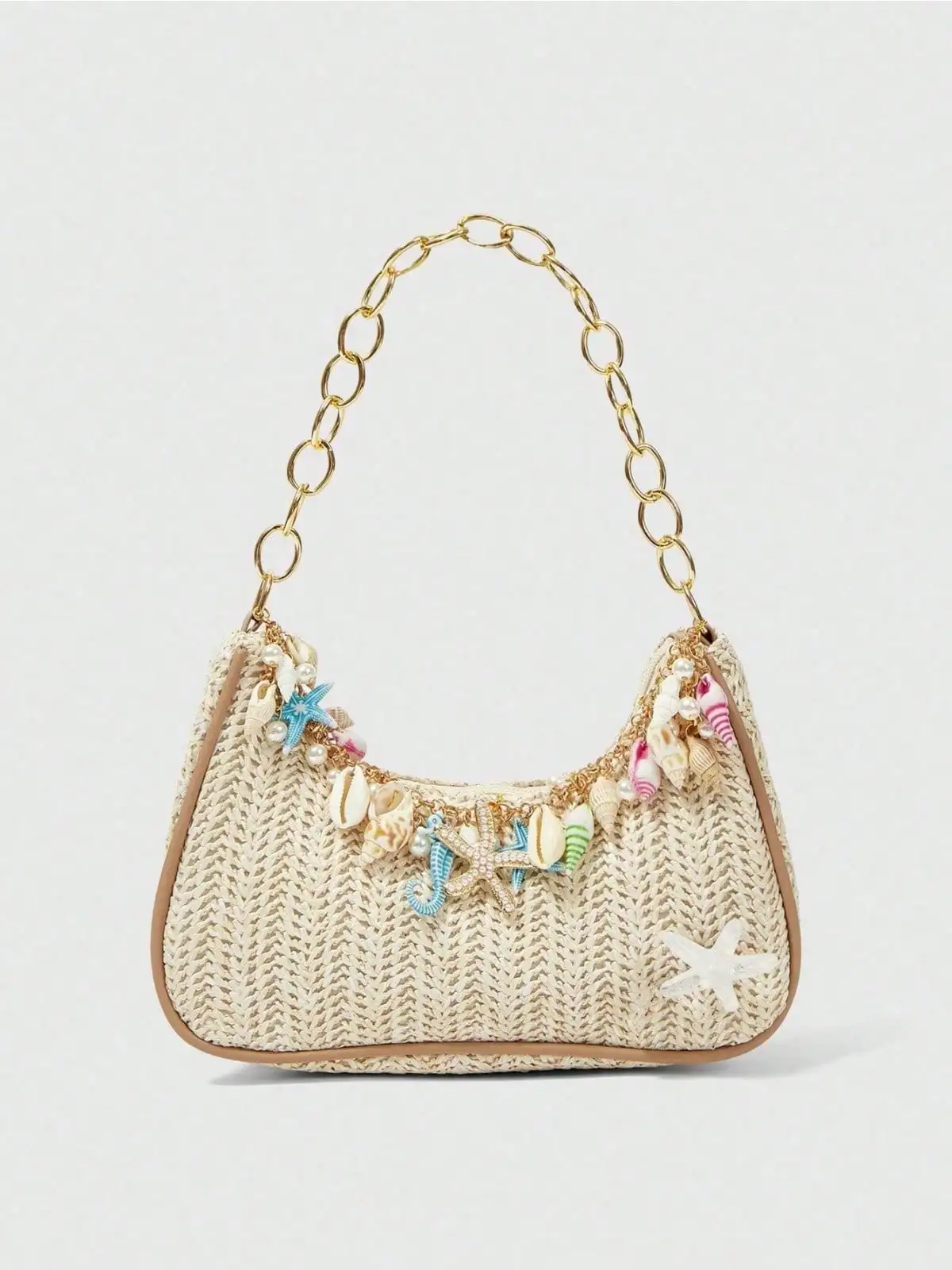 1pc Summer Beach Starfish Series Shell Woven Shoulder Bag/Tote Bag,Beach Bag,Straw Woven Tote Bag (Pendant color  style random)