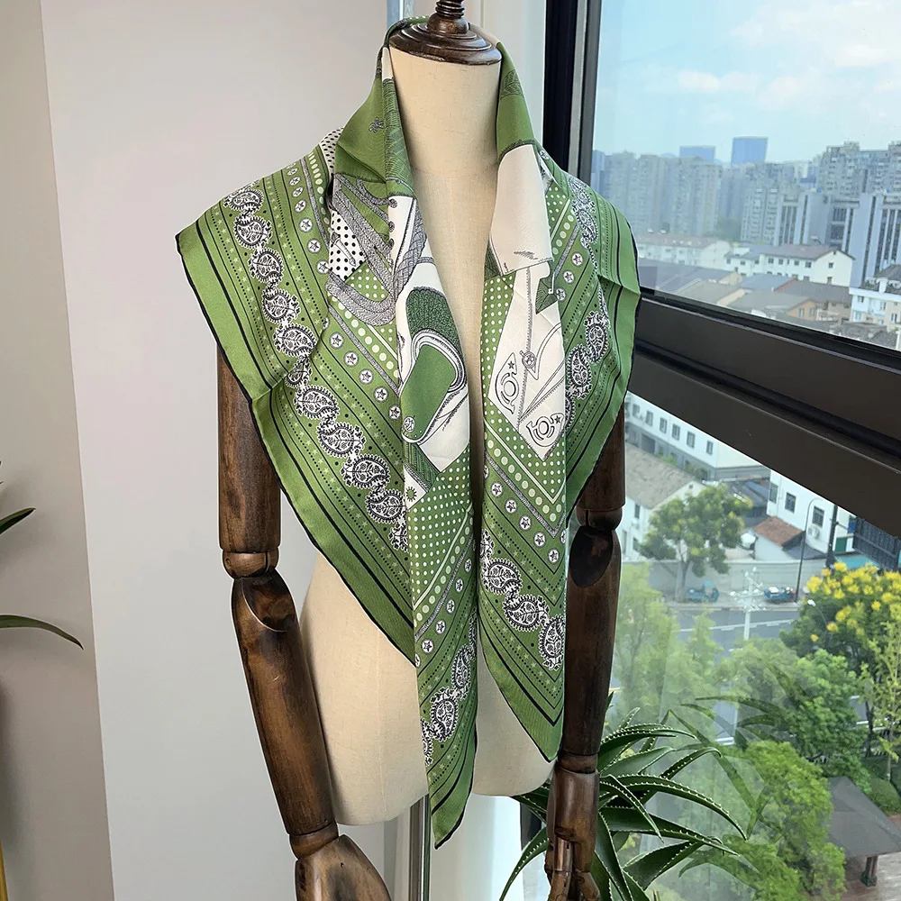 Green Silk Square Scarf for Bag Luxury Brand Handrolled Edge Shawls Bandanas Hijab Scarves for Ladies Foulard Christmas Gift