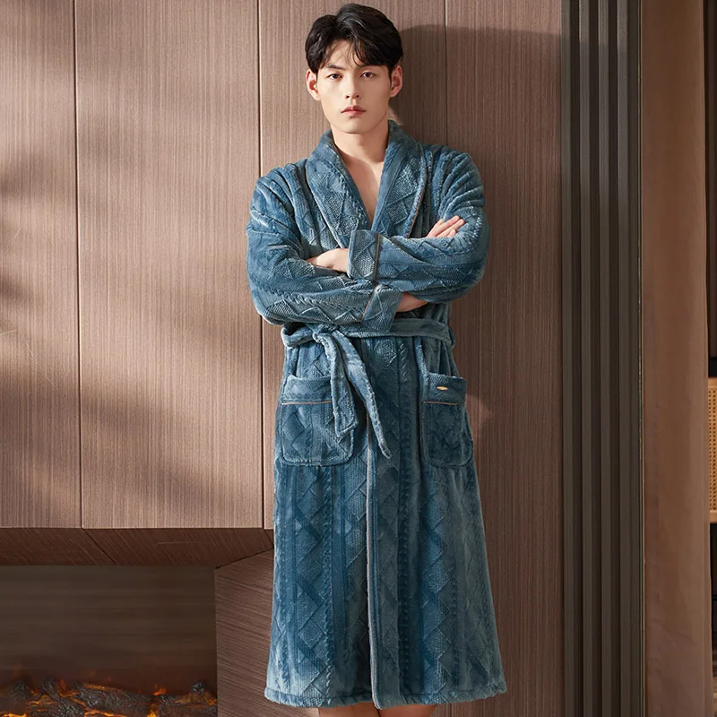 

Men Sleepwear Long Robes Winter Flannel Thicken Terry Robe Male Long Sleeve Kimono Warm Bathrobe Home Wear Peignoir Men Robe