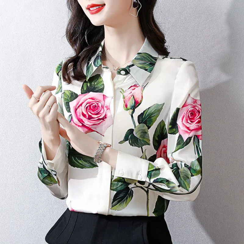 Camisa solta com botão de lapela estampado vintage feminino, tops casuais, blusa de senhora do escritório, roupas de primavera, nova, 2023