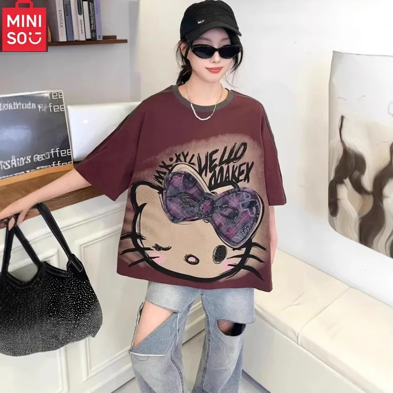 

MINISO new patch sequin embroidered printed short sleeved T-shirt for women, loose and versatile half sleeved top