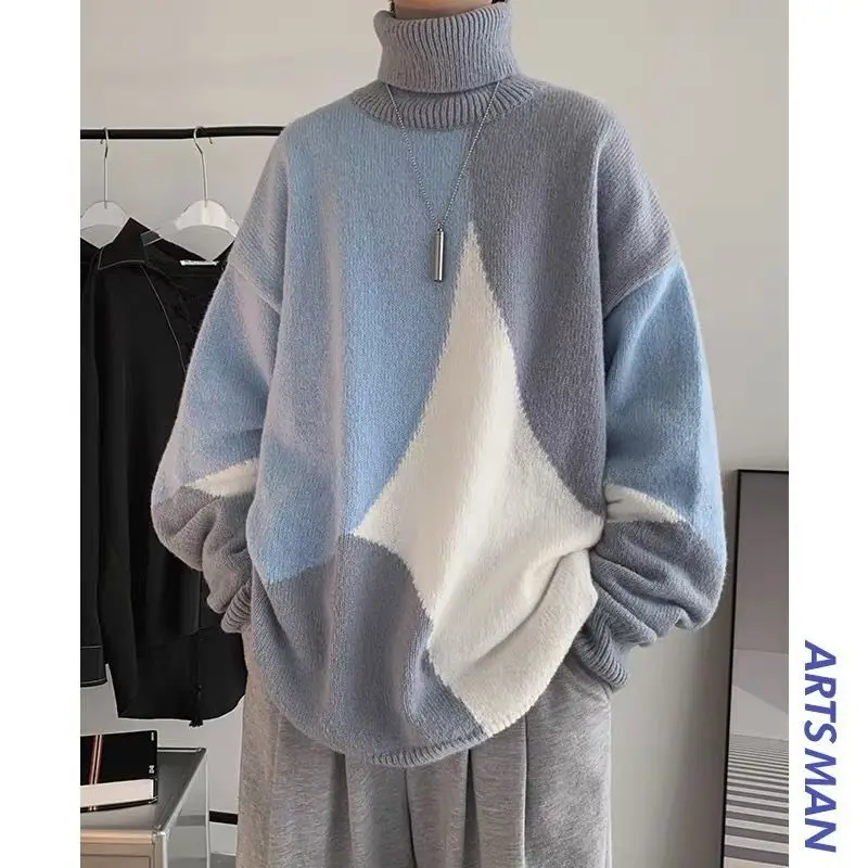 Knitted Turtleneck Warm Sweater Men Fashion Autumn Women Patchwork Streetwear Casual Pullovers All-match Loose Bottoming Sweater