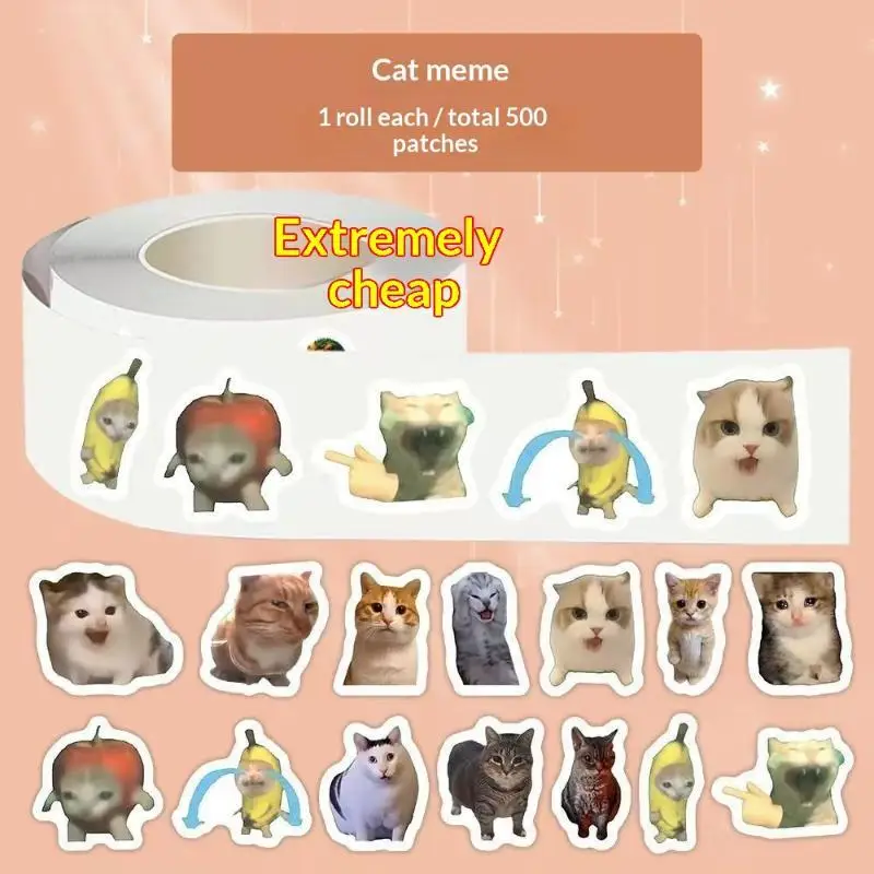 Fun Cat Meme Sticker Roll, Variety of Cute Self‑Adhesive Patterns for Scrapbook & Laptop Decoration