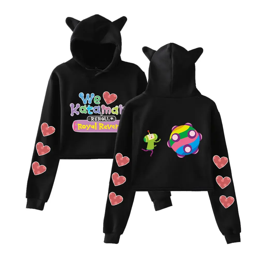 We Love Katamari Reroll Royal Reverie Crop Top for Teen Girls Streetwear Hip Hop Kawaii Cat Ear Harajuku Cropped Sweatshirt