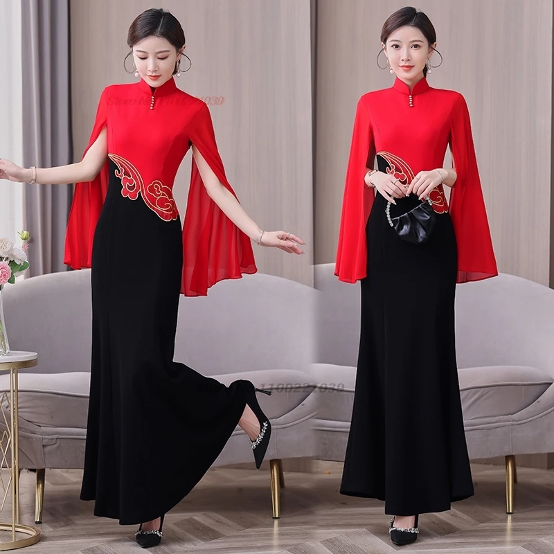 2026 chinese improved cheongsam flower embroidery patchwork qipao fishtail dress stage performance party banquet evening dress