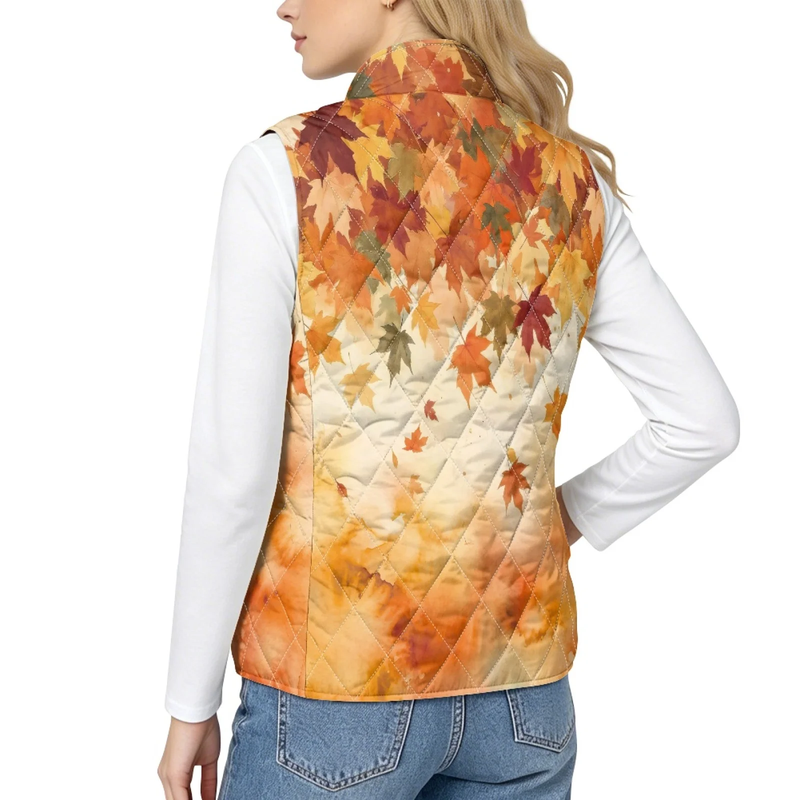 PENSTROLL Maple Leaf Autumn Quilted Jacket Vest Lightweight Sleeveless Coats Stand Collar Quilted Bodywarmer for Winter Travel