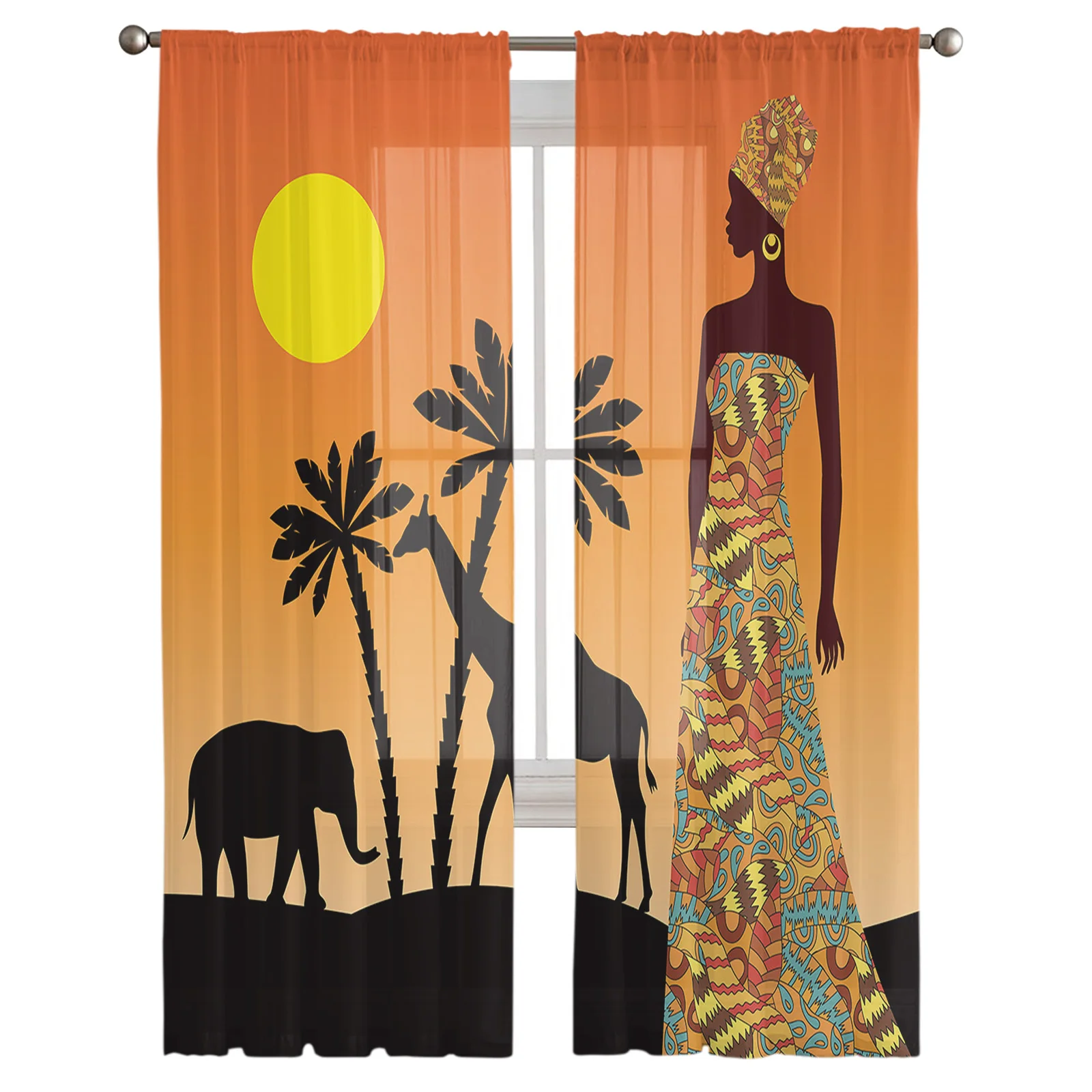 

Sunset Landscape Women Skirt Animal Elephant Giraffe Silhouette Living Room Kitchen Chiffon Curtain Bedroom Sheer Floor Curtain