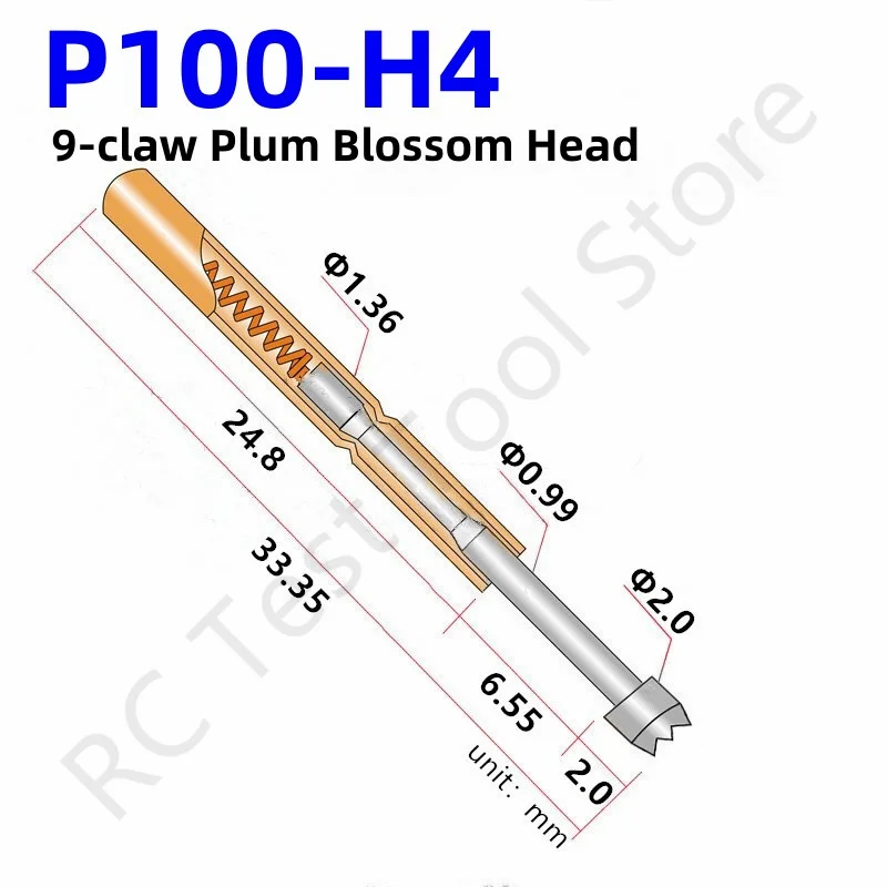 

100PCS P100-H4 33.35mm 9-claw Plum Blossom Head Dia 2.0mm Needle Spring Test Probe P100-H Dia 1.36mm Circuit Board Test Tool