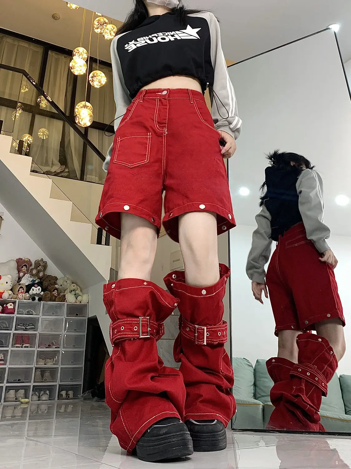 Calça comprida de perna larga feminina, jeans vermelho, bandagem emendada, design solto destacável, garota picante, rua alta, americana relaxada, Y2K, nova