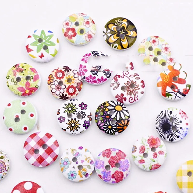 50PCS 2 Hole Printing Flowers Round Wood Buttons Home Clothing Decor Sewing Scrapbooking Card Making DIY 15mm for Clothing