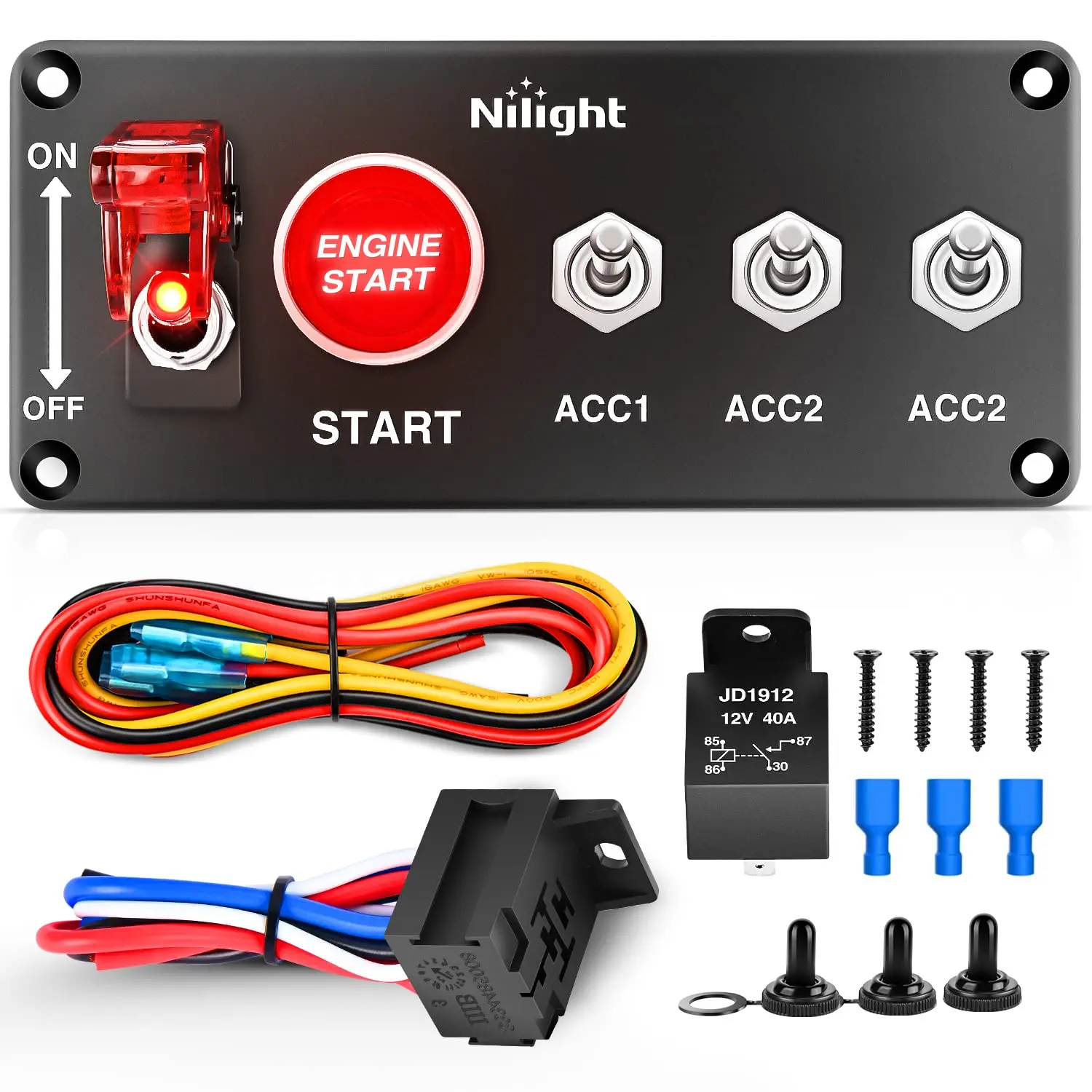 Nilight Ignition Rocker Switch Panel 12V 4 in 1 with Engine Push Button Toggle Switches with Relay Wiring Harness LED for RV Truck Racing Car Boat Marine Trailer