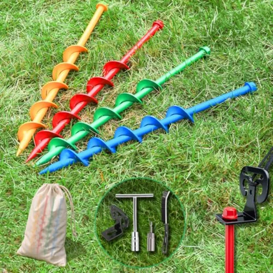 

13 Heavy Duty Spiral Tent Stakes 12 Pack Drill-In Ground Anchors 4-Color Outdoor Stakes for Camping Canopy Trampoline with Mult