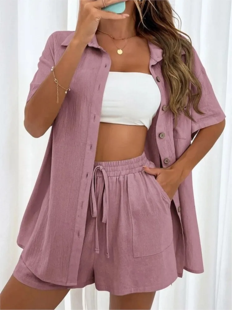 2024 Short Sets Fashion 2 piece Set Solid Color Long Sleeve Shirt Women Casual Loose Single-breasted 2 Piece Sets Outfits Summer