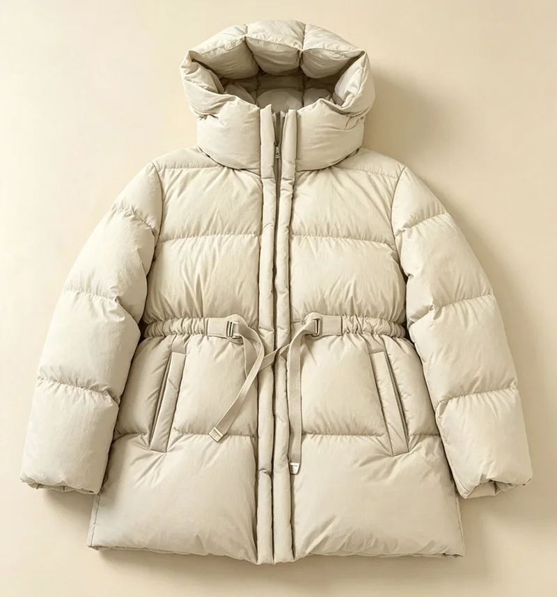 Schinteon Women White Down Jacket with Hood Solid Color Thick Warm Autumn Winter Outwear Parka Drawstring Coat 2026 New Fashion