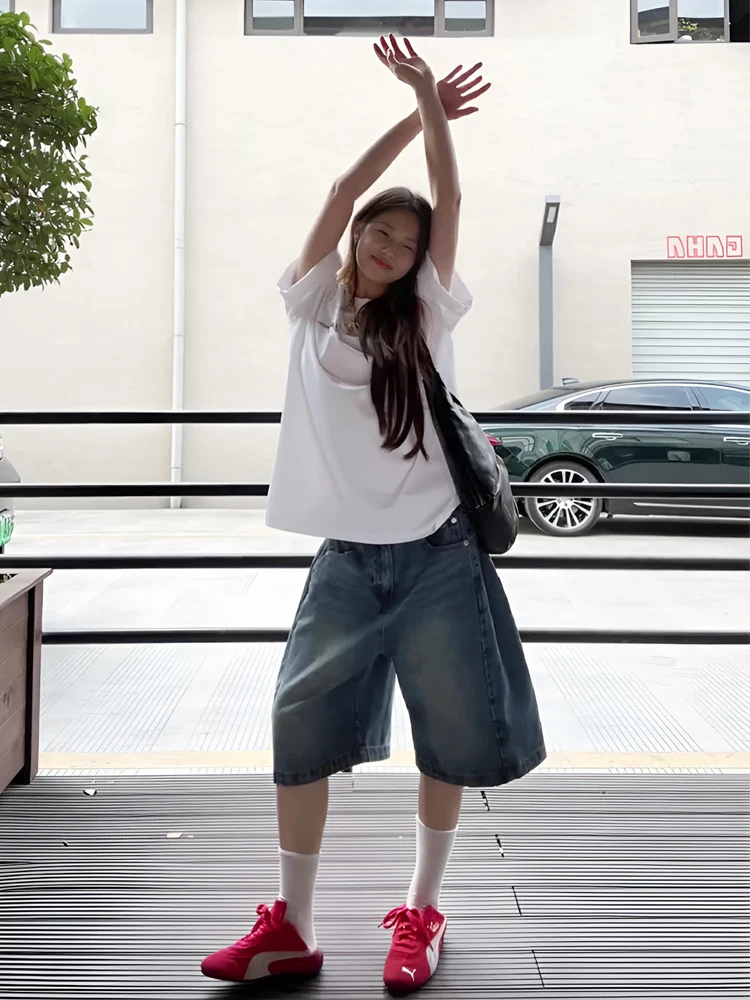 حجم كبير السراويل الدنيم خمر خمس نقاط المرأة خريف 2025 جديد الأمريكية عادية فضفاض واسعة الساق متوسطة طول الجينز