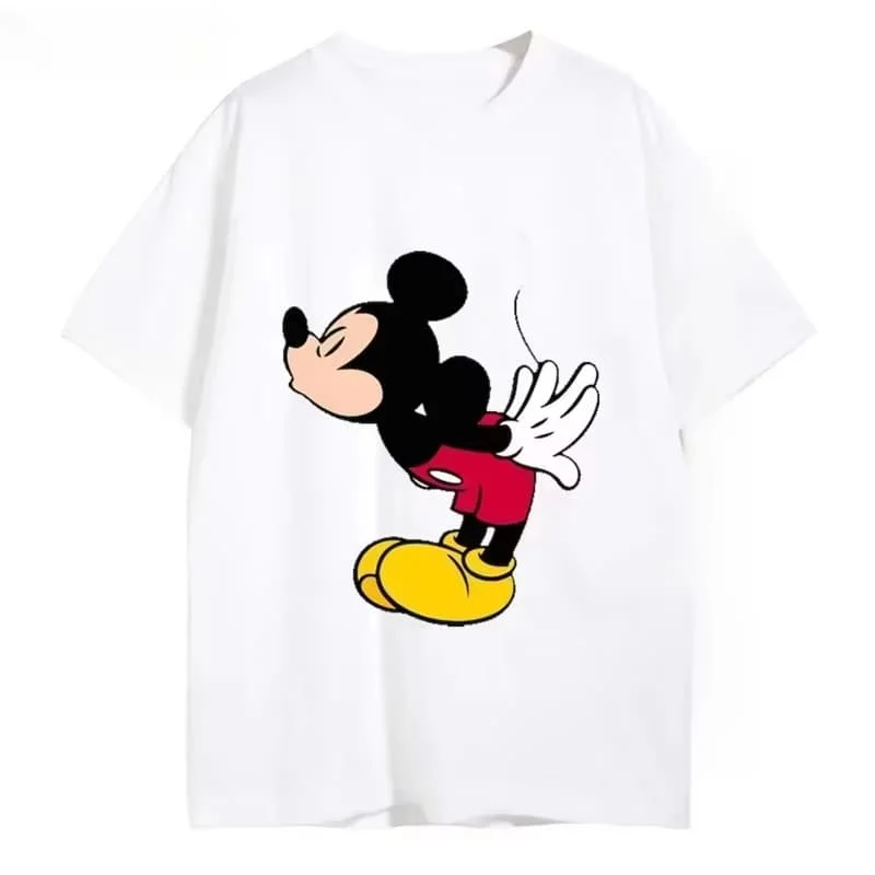 Mickey Minnie Couple T‑Shirts Cartoon Kiss Print Round Neck Short Sleeve Tops Lover Men Women Valentine Gift Casual Daily Tees