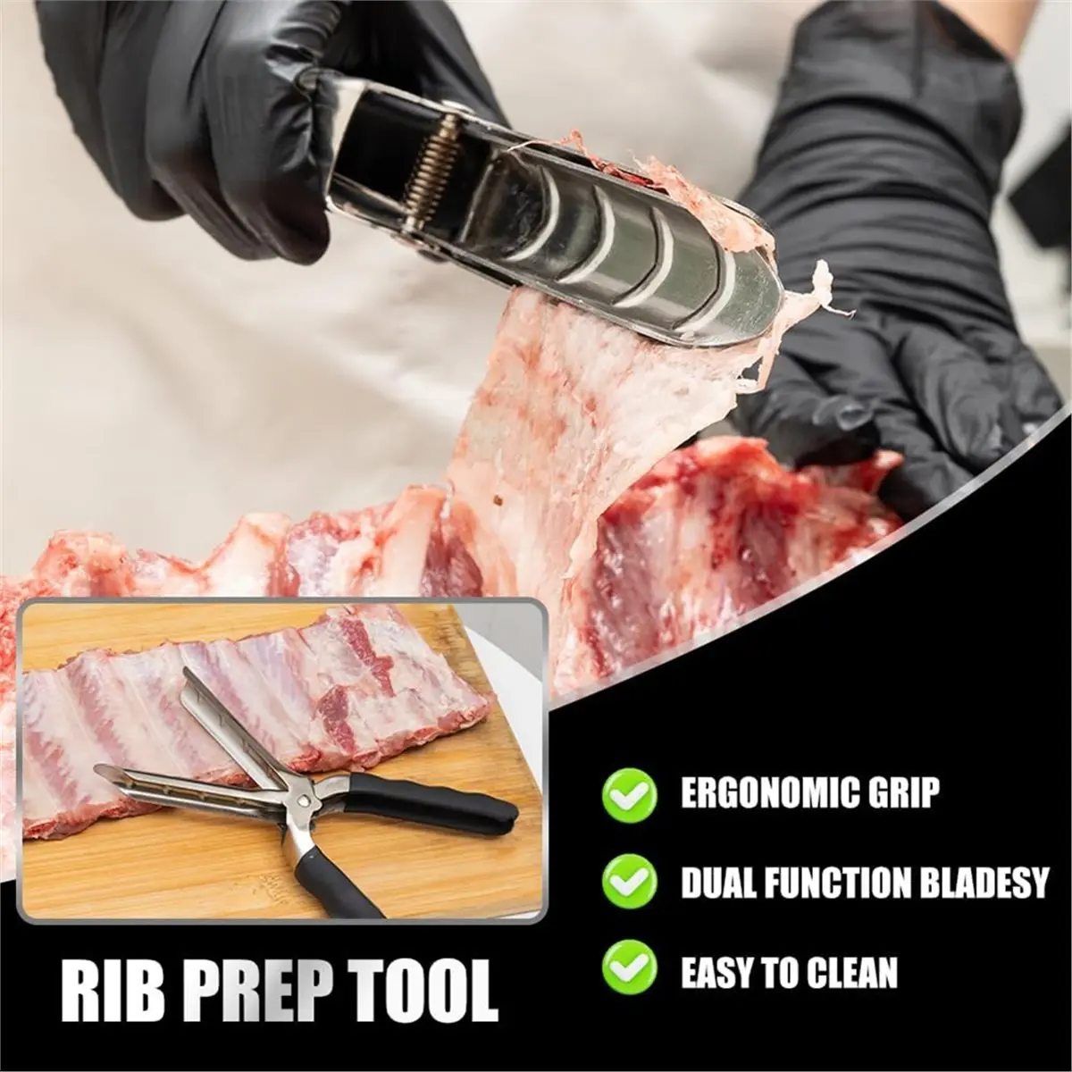 Rib Membrane Removal Tool with Glue-Free Full-Wrap Anti-Slip Grip, Dishwasher Safe Stainless Steel Rib Prep Tool