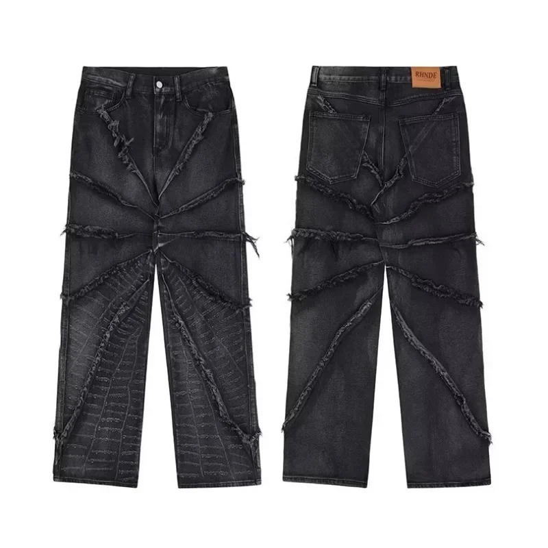 HOUZHOU Y2K Punk Black American Street Rock Retro High Waist Oversized Jeans Women Raw Edge Washed Darkwear Wide Leg Trousers