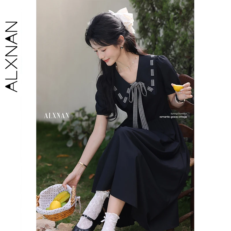 ALXNAN Plus Size Black Long Dress Vintage Elegant Casual Holiday Women's Dress 2025 Summer Short Sleeve Clothing Ladies D11091