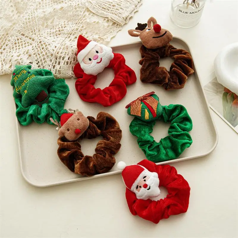 Velvet Cute Christmas Elk Santa Claus Elastic Hair Bands Rubber Hair Rope Tie ls Hair Scrunchie Ponytail Holder Gum Accessories