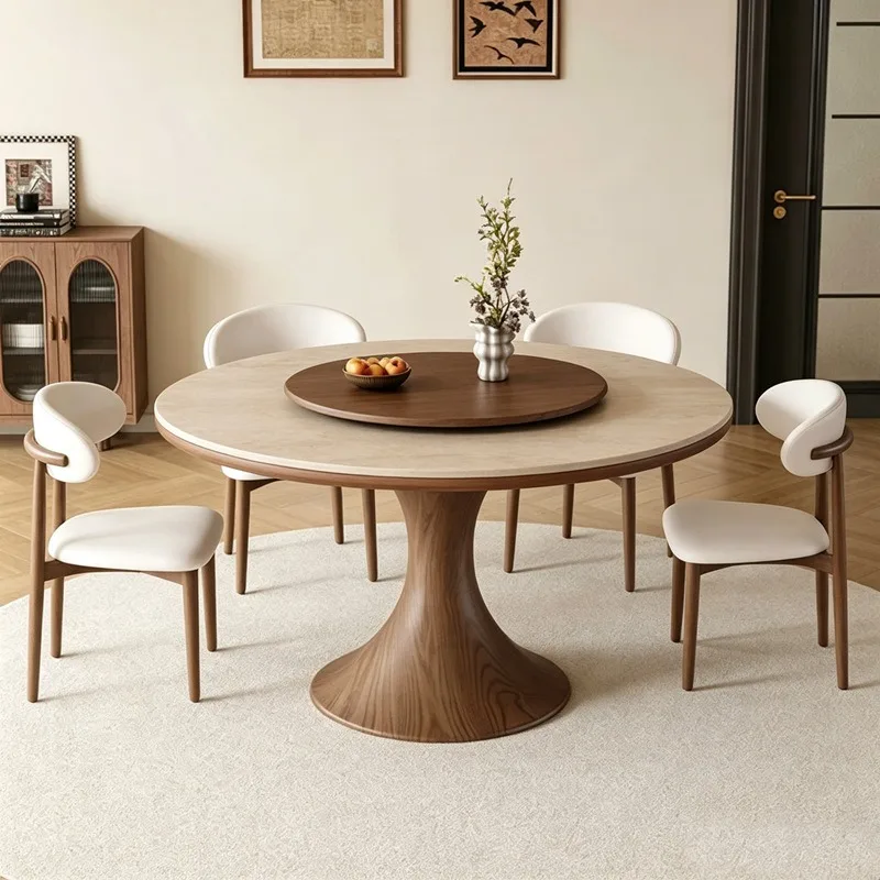 Mid-century Ash Wood Round Dining Table, Walnut Color Slim Waist Frame, Sintered Stone Top with Lazy Susan for Small Home