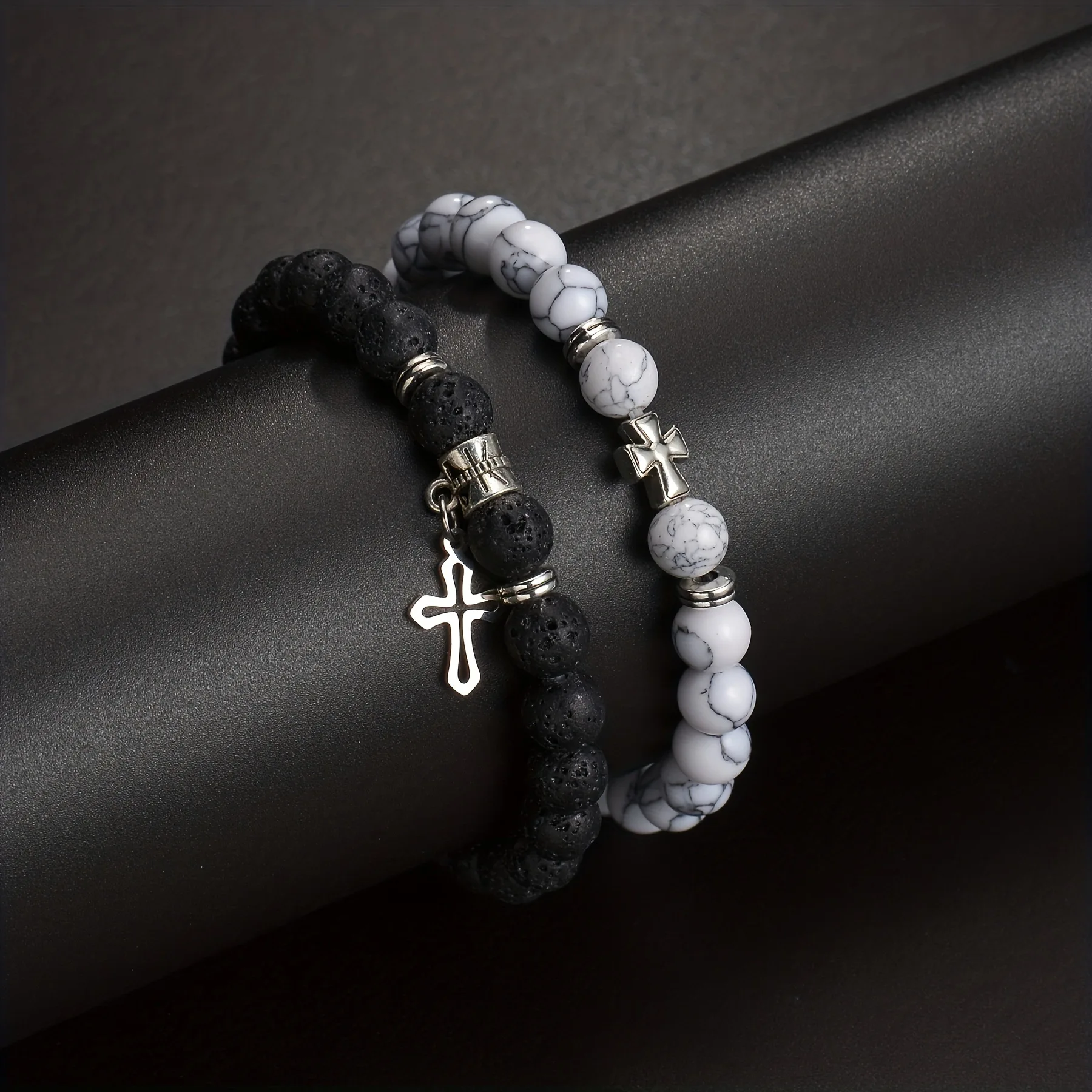2pcs Set Trendy Nature Stone Cross Beaded Bracelets For Men Vintage White Turquoise Volcanic Stone Men’s Beaded Bracelets Gifts