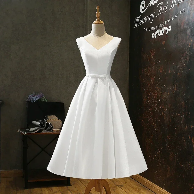 Sexy V-Ausschnitt weiß Satin Midi Brautkleid Sommer elegante Abschluss ball Abend Hochzeit Brautjungfer Gast lange Party kleider für Frauen