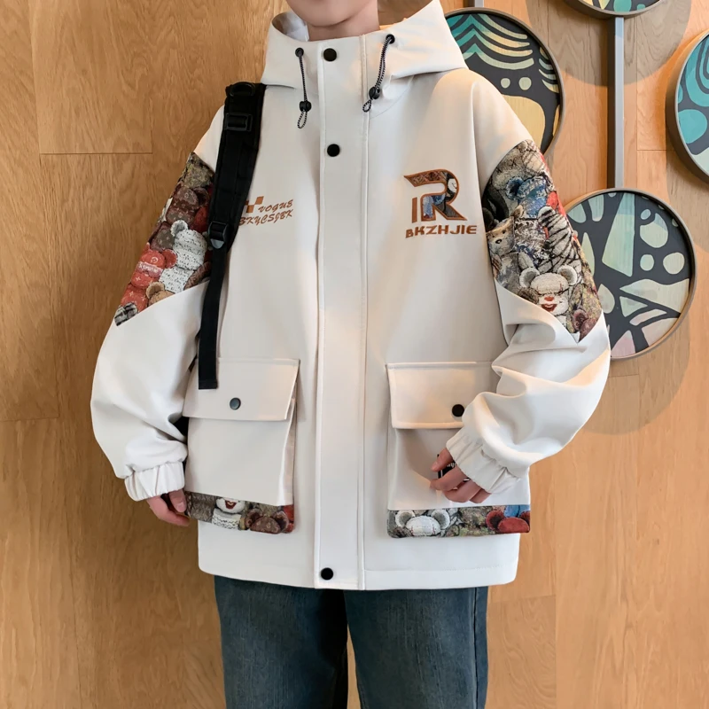 

Mens Splicing Design Jacket 2025 Trendy Hong Kong Style Loose Fit Hooded Utility Jacket Casual Streetwear Autumn Spring Coat