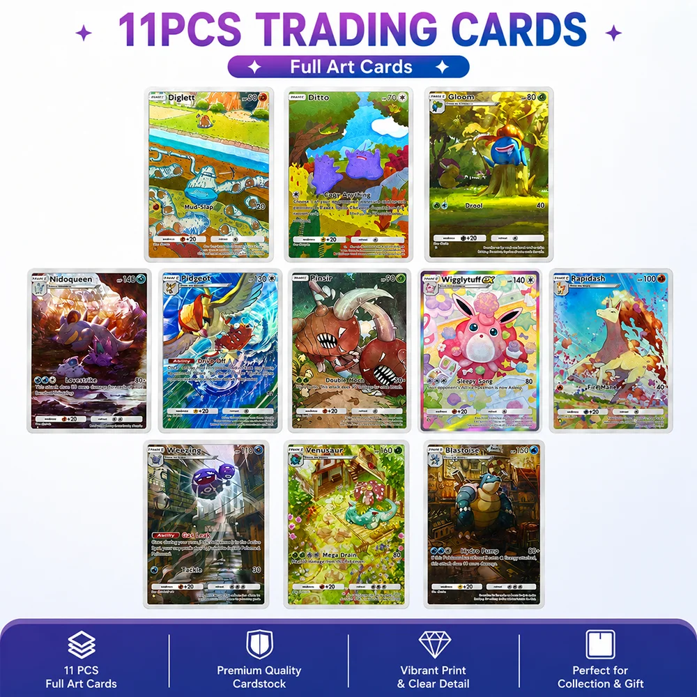 Set de 11 Tarjetas Coleccionables de Anime PTCG con Diseño Completo, Diglett, Ditto, Gloom, Nidoqueen, Pidgeot, Venusaur, Blastoise, Tarjetas Metalizadas, Regalo