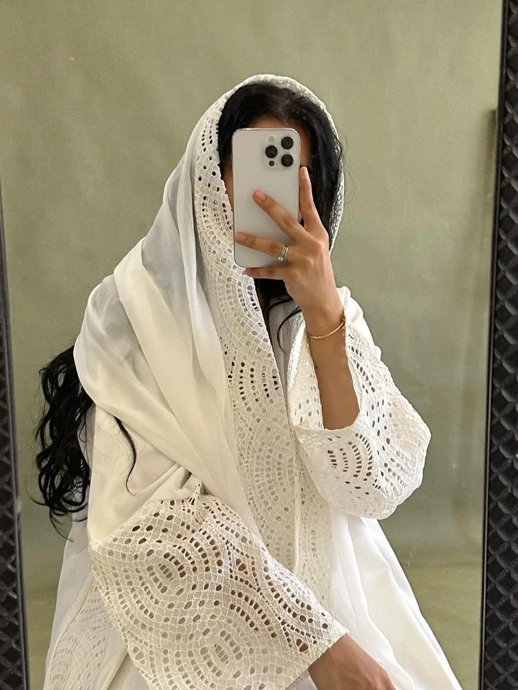 

Eid Muslim Hijab Abaya Women Hollow Out Sleeve Abayas with Scarf Cardigan Jalabiya Party Dresses Dubai Kaftan Vestidos Long Robe