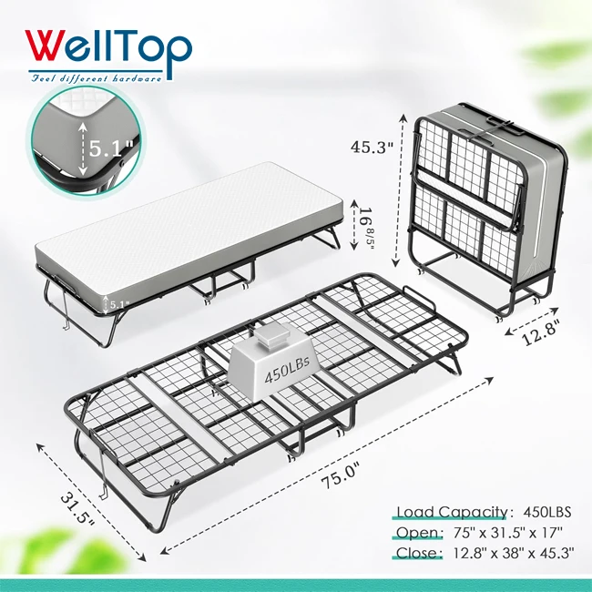 FBB Customized Furniture Accessories Hardware Metal Rollaway Portable Folding Bed Collapsible Bed with Mattress for Guest Office