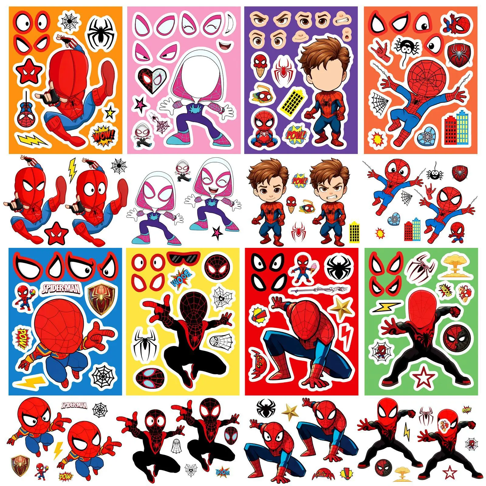 8Sheets Spiderman Cartoon Stickers Marvel Puzzle Make-a-Face Game Sticker DIY Children Assemble Jigsaw Toys