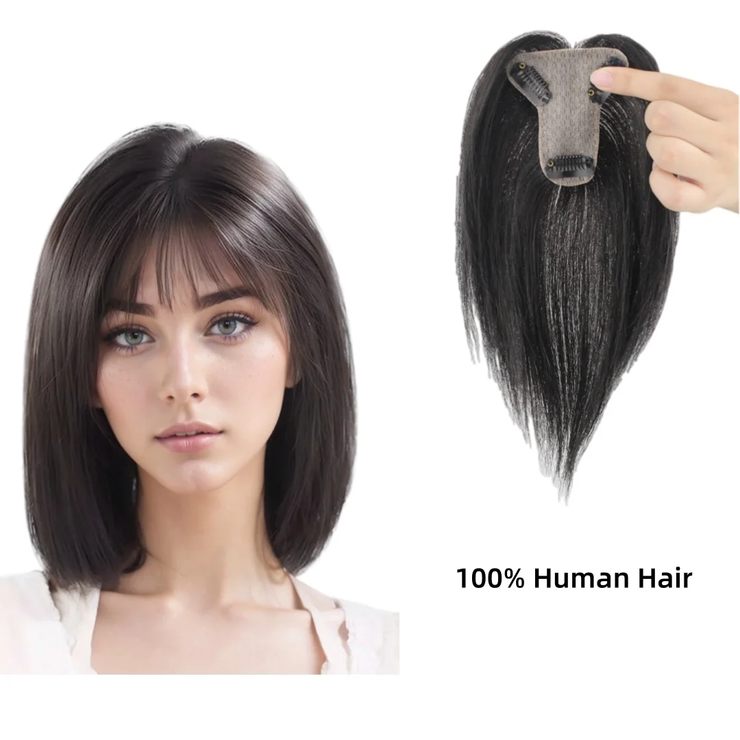 

Топперы из человеческих волос на мягкой шелковой основе с 3D воздушной челкой для женщин, заколки для волос с бахромой, натуральное наращивание волос на кожу головы от выпадения волос