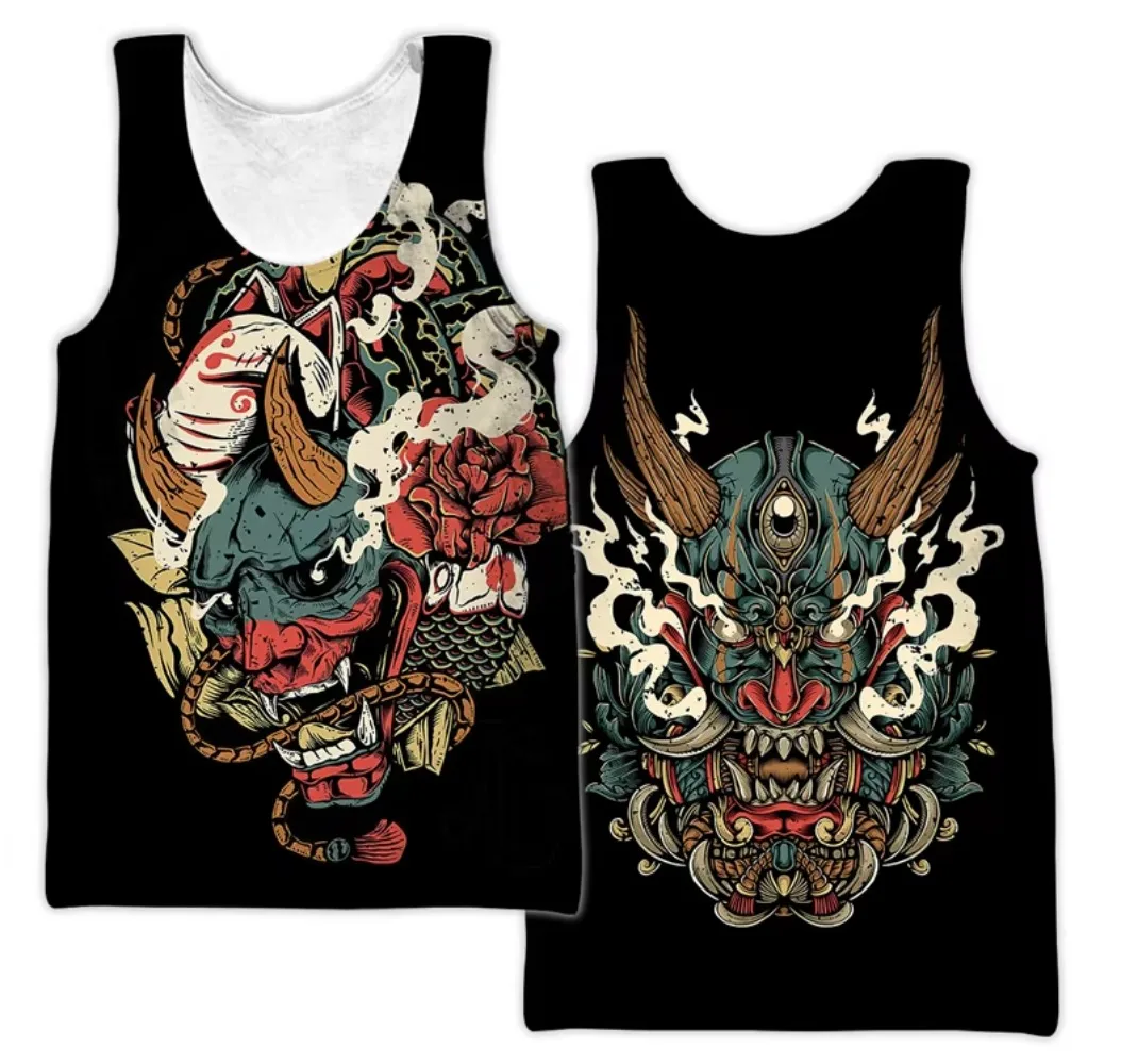 Fashion Demon Mask Pattern 3D Printing Men's V-Neck Tank Top - Casual Outdoor Sports Trendy Breathable and Quick-Drying Clothing