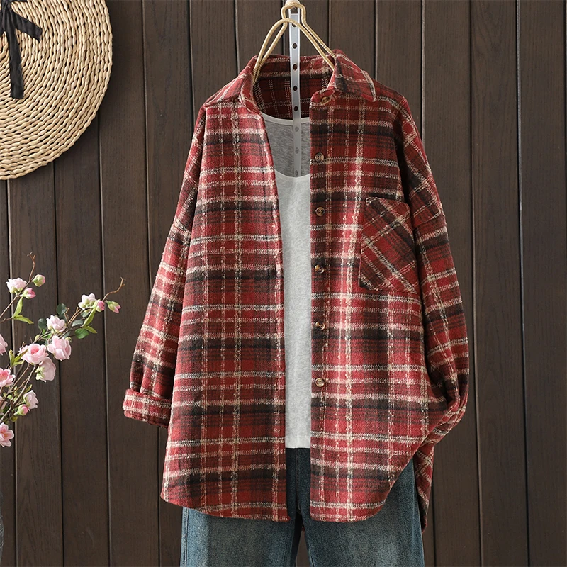 

Thiened Ретро Гонконг Sle Long Sve irt Пальто Свободная версия Красный клетчатый повседневный женский модный зимний сезонный кардиган