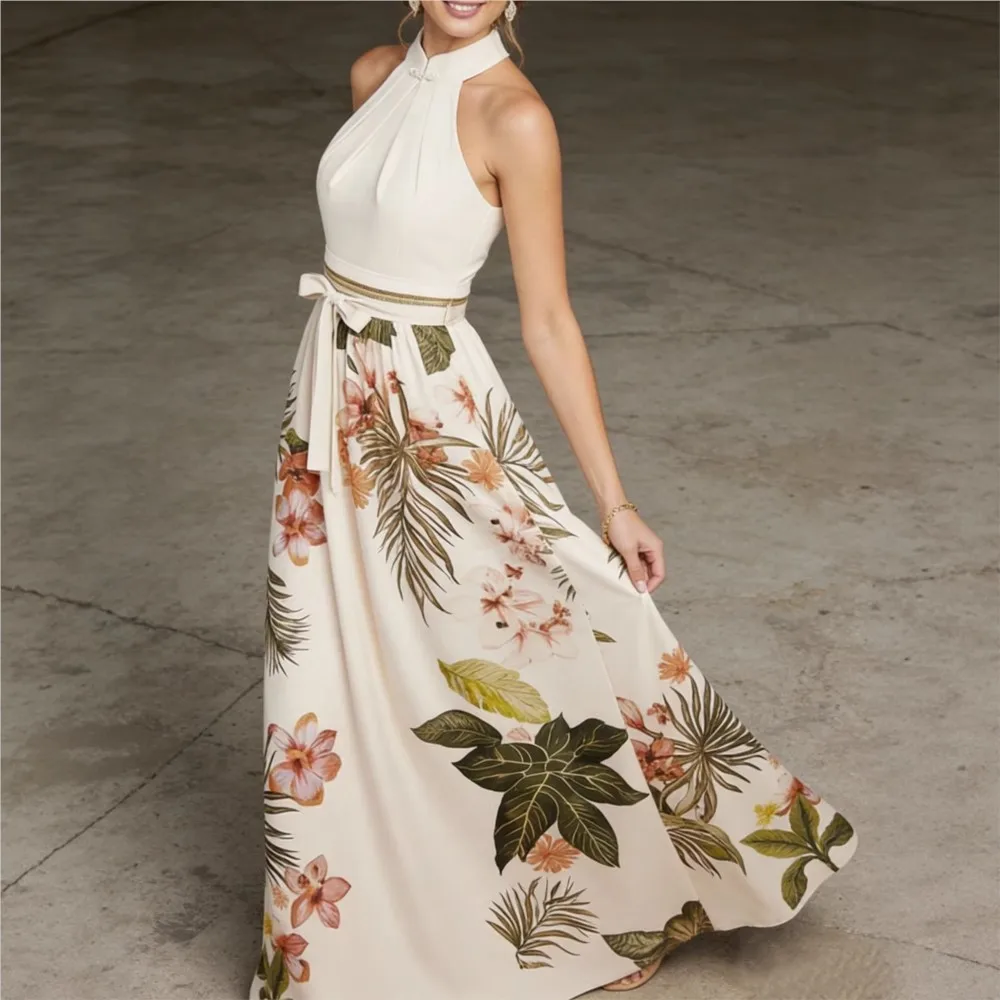 

Halter Neck Sleeveless Floral Long Dress Summer Women's Casual Fashion Lace-Up Waist Evening Dress Vestidos De Fiesta Elegantes