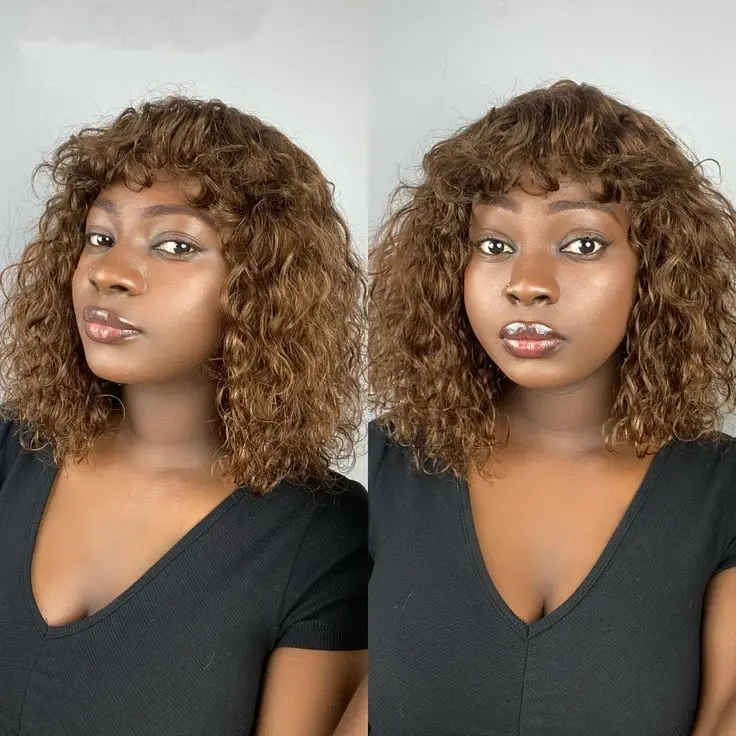 14インチ ブラウン ショートボブウィッグ 人毛 2x1 ディープウェーブ 前髪付き ノンレースフロントウィッグ 2x1 レミーブラウンカラー カール人毛ウィッグ