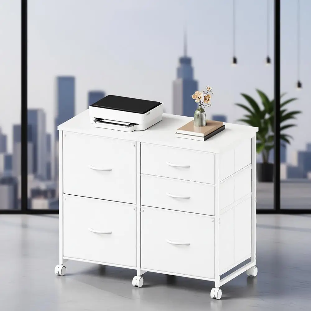 

5-Drawer Rolling File Cabinet with Under Desk Storage and Printer Stand, Mobile Office Solution, White