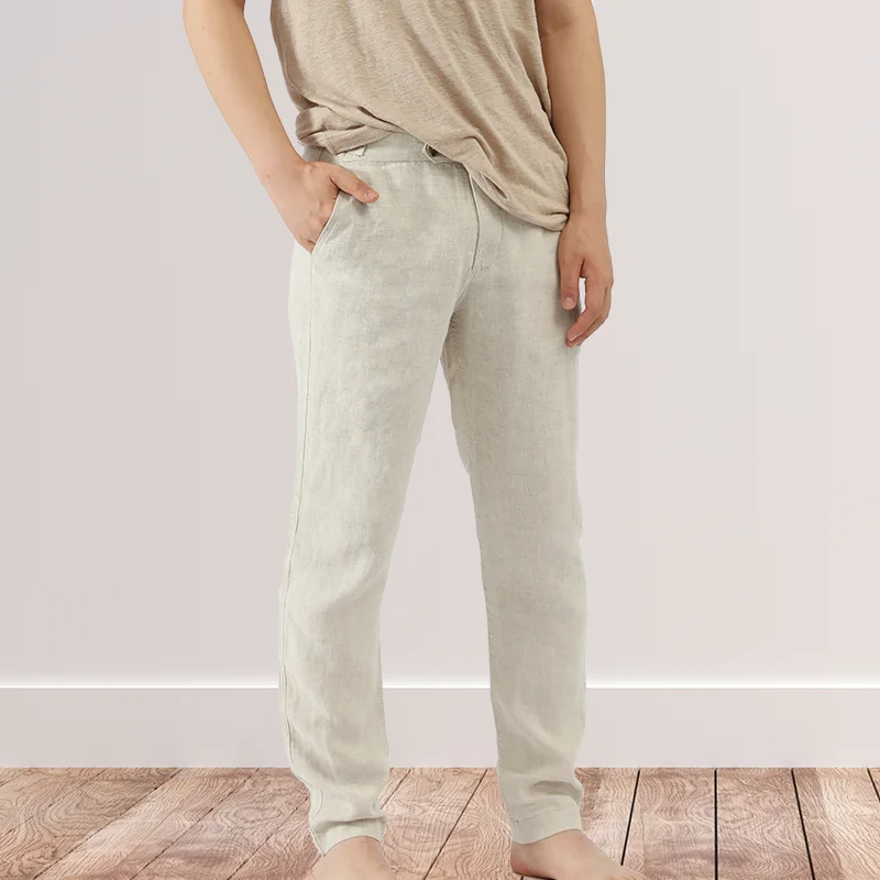 VNRY 100% Linen Men Long Pants with Pockets Breathable and Comfortable New Arrival Beige Size s-xxl fixed waist Casual Trousers