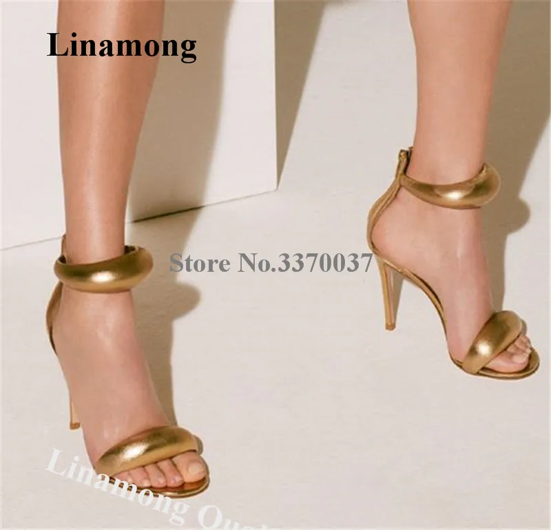 Sexy Gold Black Rings Straps Sandals Linamong Newest Open Toe Single Band Strap Stiletto Heel Gladiator Sandals Party Heels