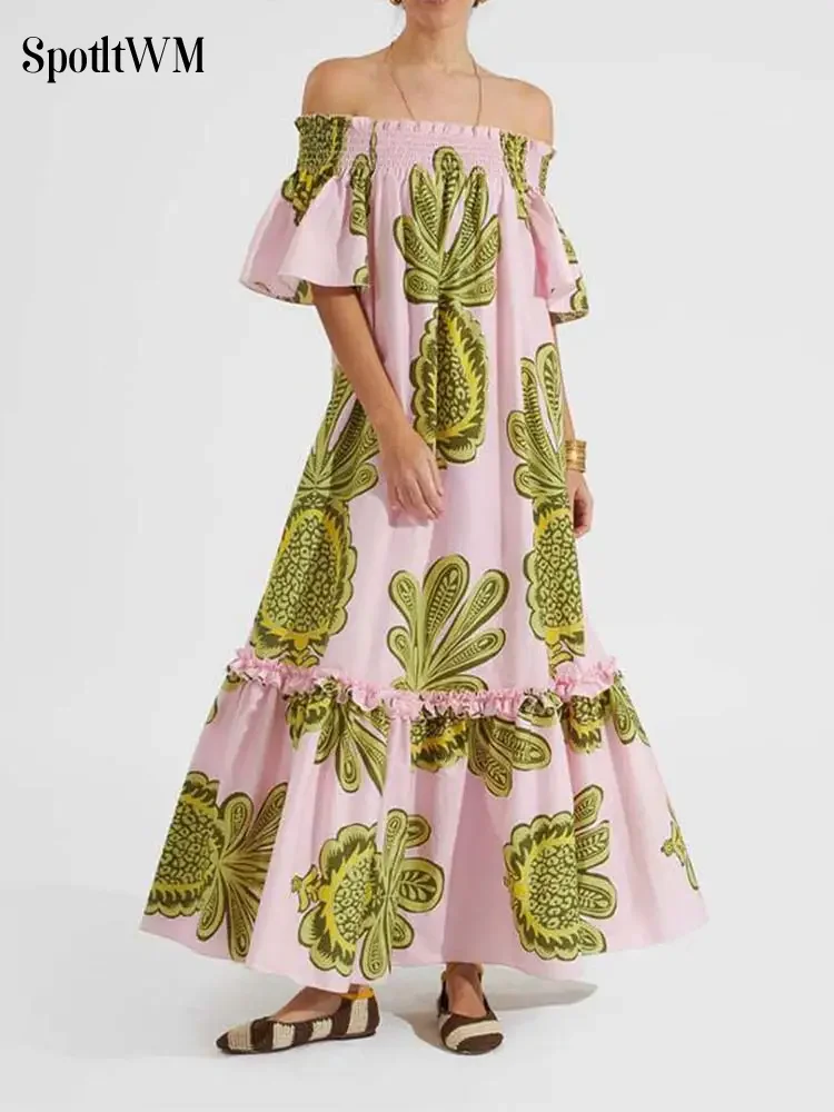 

Женское плиссированное платье с оборками на подоле, свободное эластичное платье макси с открытыми плечами и коротким рукавом, модное летнее платье для отпуска