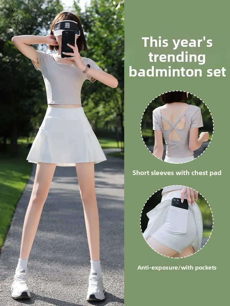

Профессиональный спортивный костюм для бадминтона, женский летний тонкий комплект для бега, плиссированная теннисная юбка, одежда для фитнеса, ор...