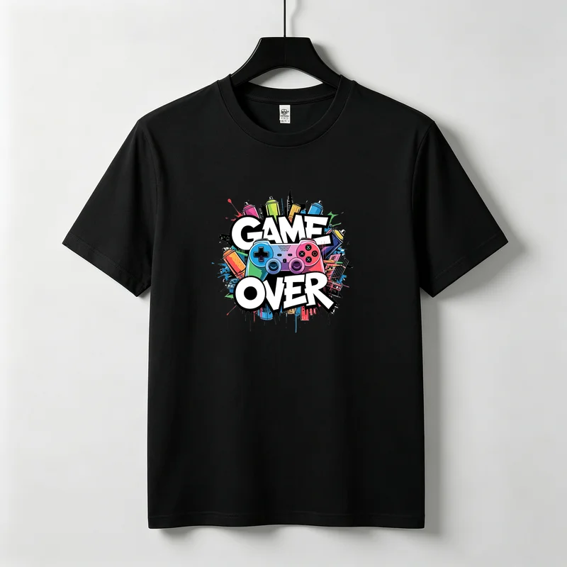 Game Over T-Shirt Video Game Controller Colorful Graffiti Graphic Tee Casual Streetwear Premium Cotton Top for Gamer Everyday