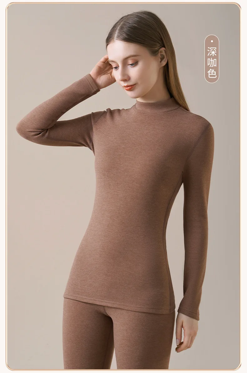 Damen-Thermo-Unterwäsche aus Kaschmirseide, Thermoshirts, warme Hosen, verdickte, einfarbige, halbrollkragenartige Oberteile, langärmlige Winterkleidung. – Detail 22