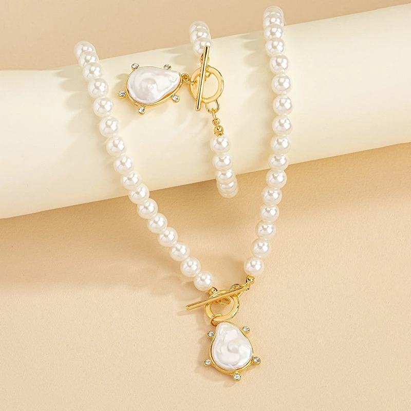 Irregular Imitation Pearl Pendant Bracelet Necklace Set For Women\'s Collarbone Chain Holiday Party Gift Fashion Jewelry AS007