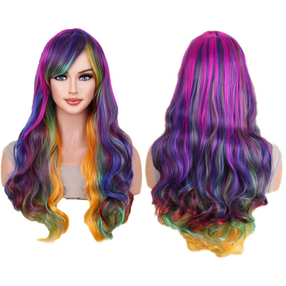 WoodFestival Synthetic Hair Wig With Bangs Colored Cosplay Wigs For Women Long Wavy Rainbow Pink Blue Red Green Brown White Grey